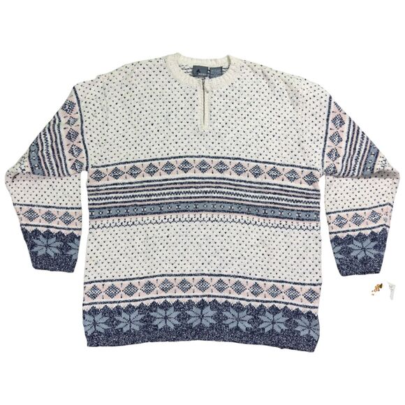 Lizwear Sweater Women's Large Ivory Knit Crew Romantic Classics 1/4 Zip Thermal - Picture 1 of 11